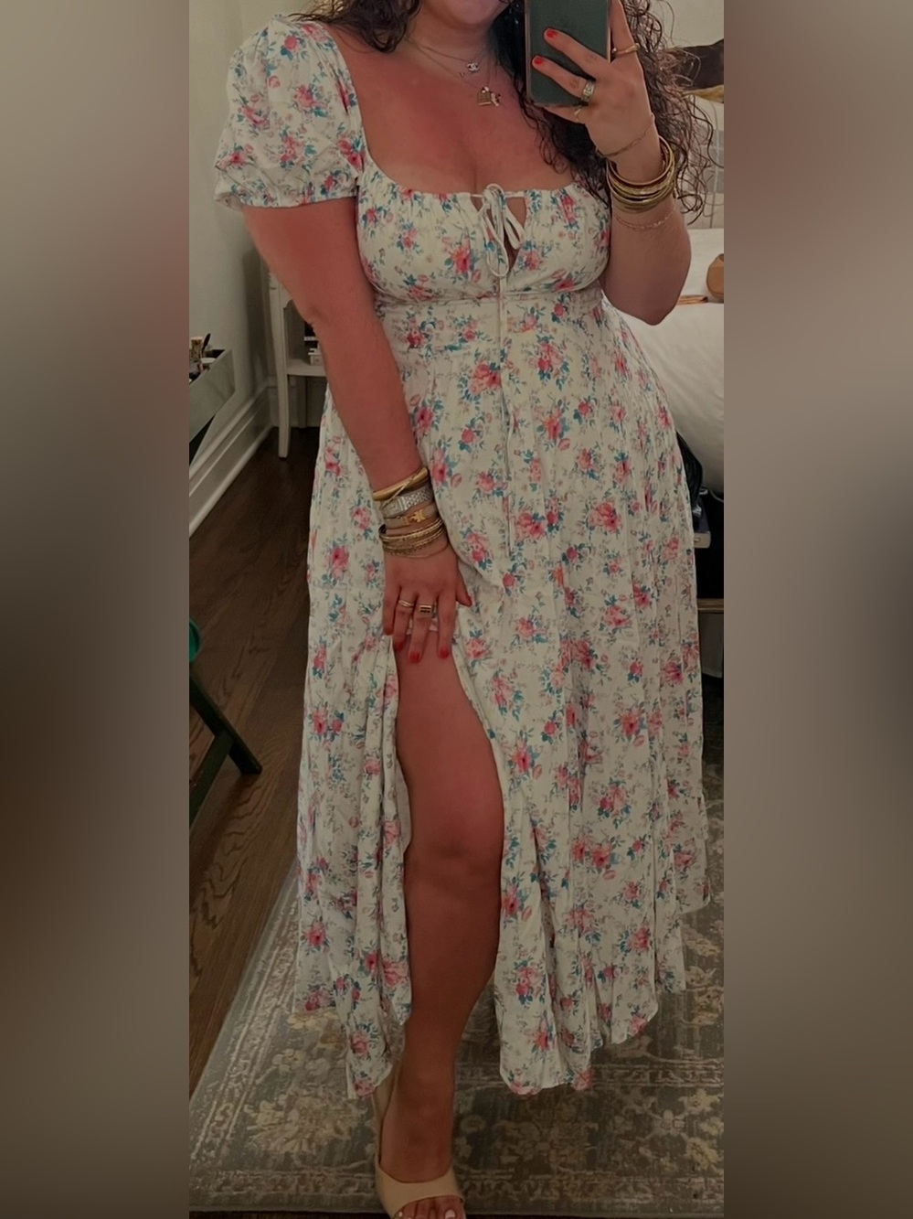 White Floral Milk Maid Maxi Dress with Pink & Blue Blooms and Side Slit